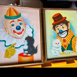 Vintage Brooks Mid Century 1974 Original Oil Painting Rare  Clown with Kittens